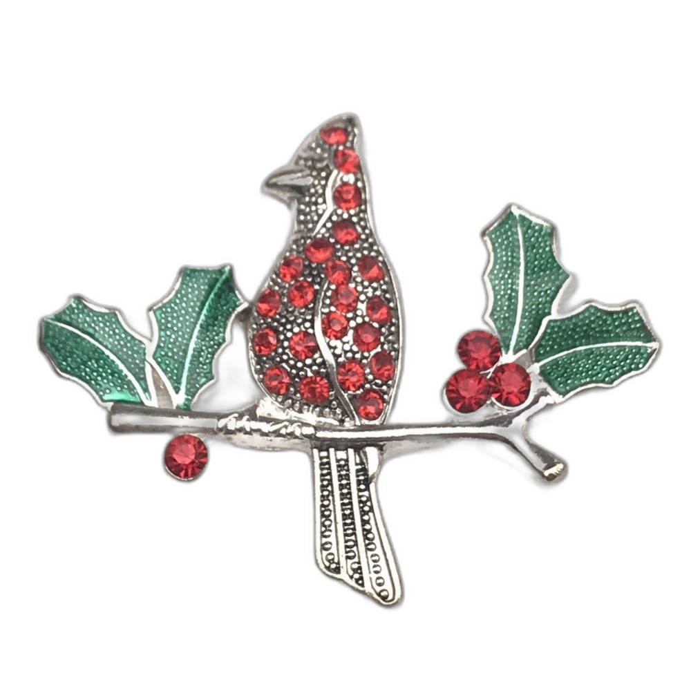 KC Brooch Red Green Enamel Jeweled Vintage Cardinal Holly Christmas Holiday